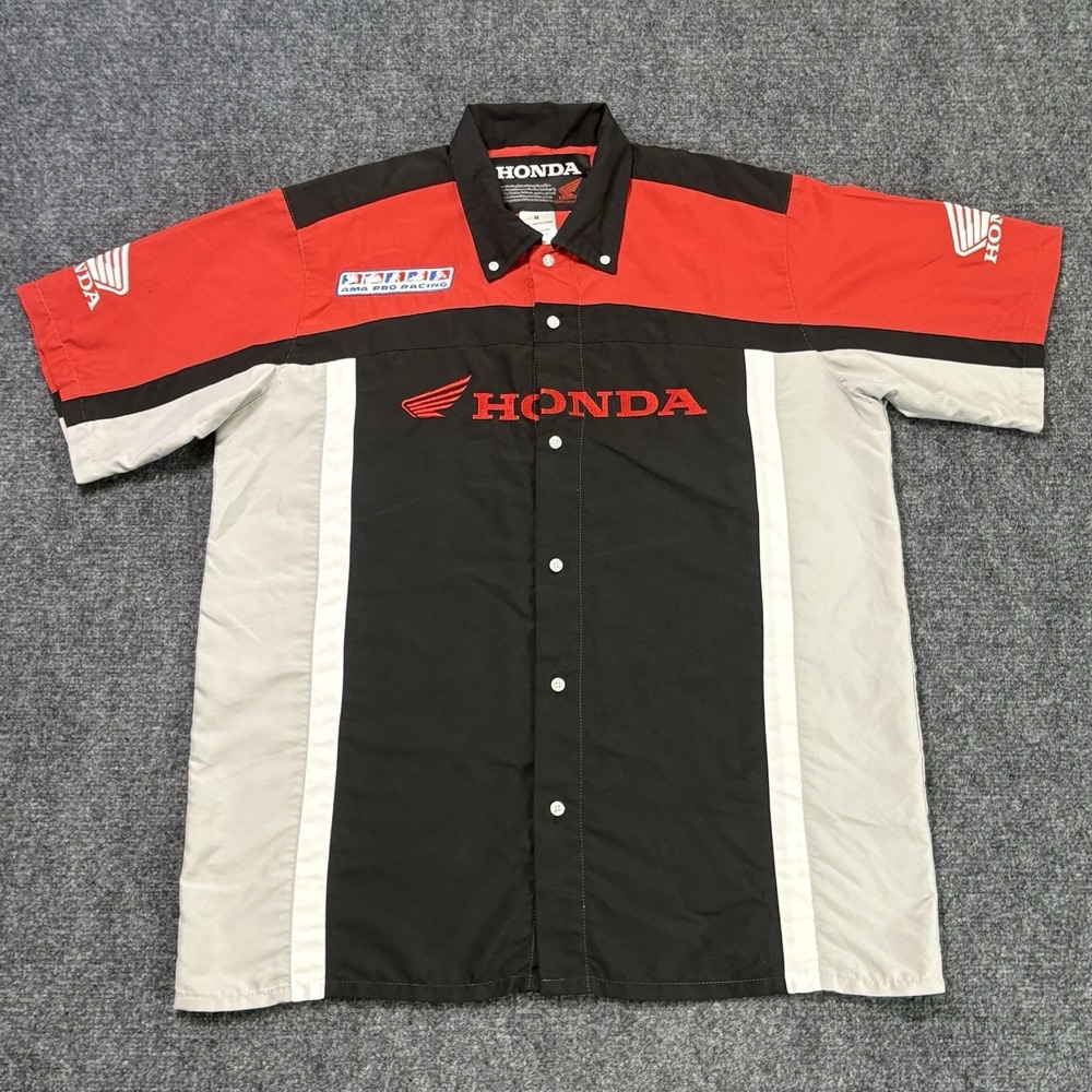 Vintage Honda Racing Pit Crew Shirt Mens Medium Red Black Button AMA Pro Patch